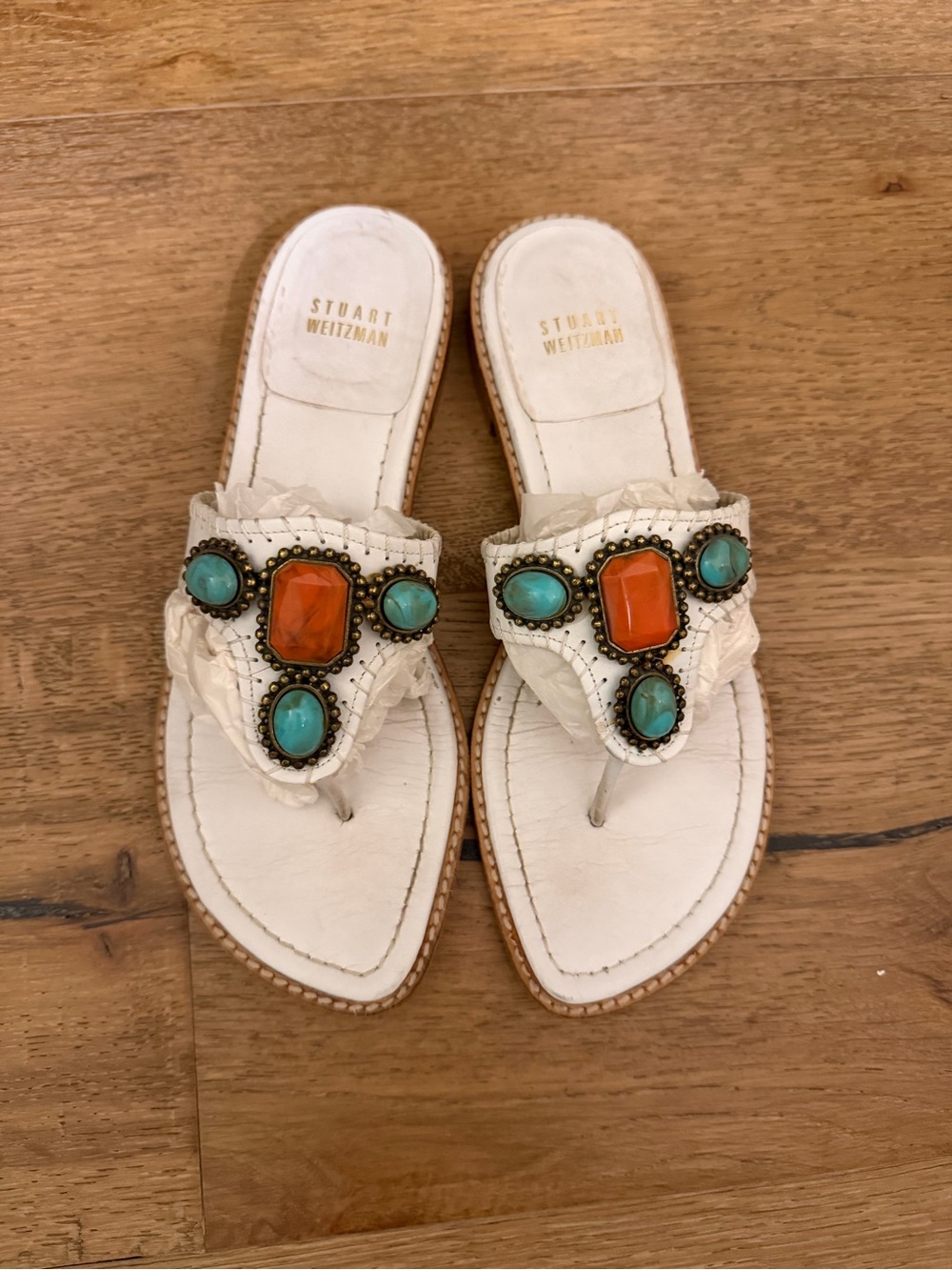 Stuart Weitzman White Jeweled Leather Thong Sandals